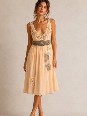 Vintage Mandalay Embellished Silk Midi Dress Size 6 NEW